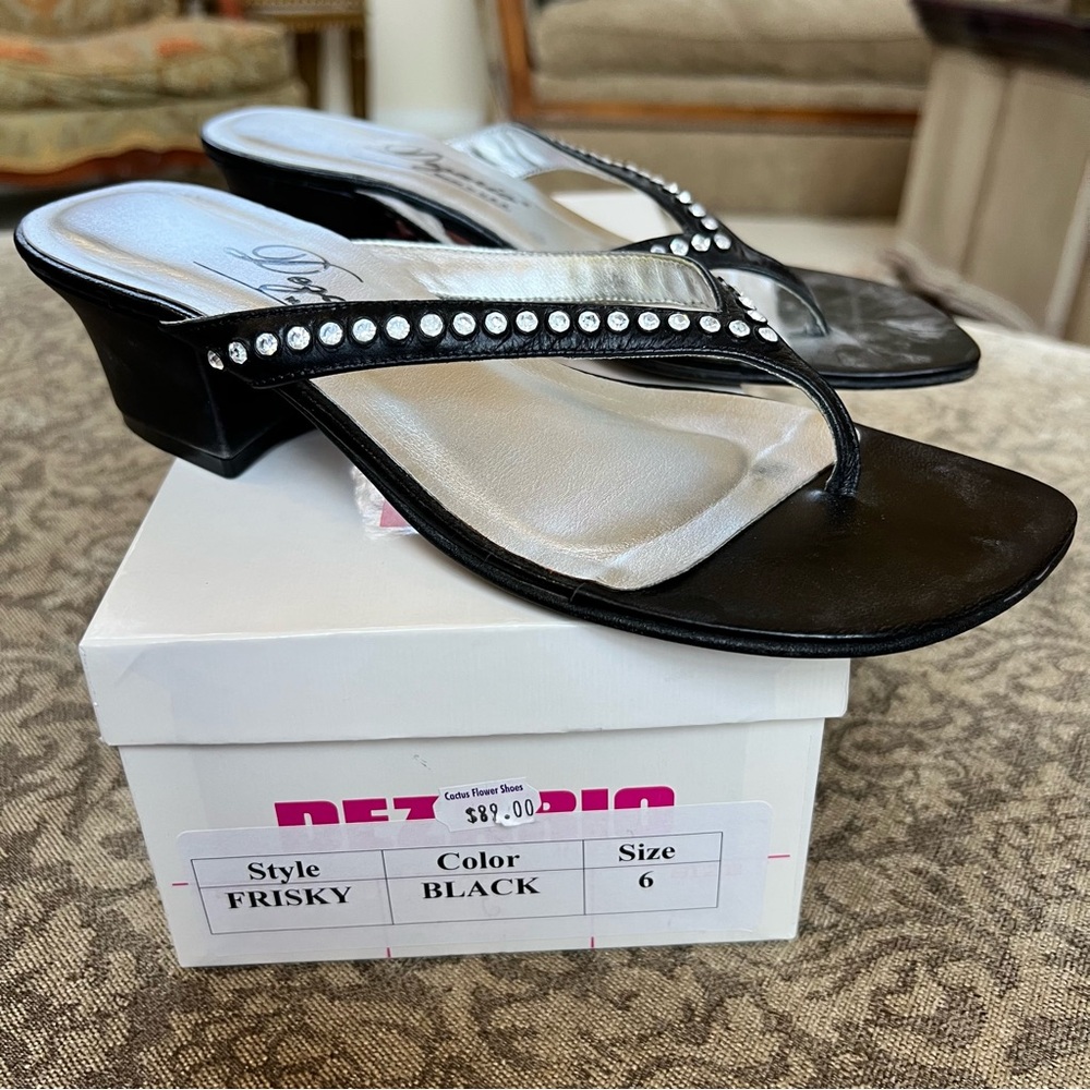 Dezario Frisky Black Leather Sandal Heels With Rhinestones Size 6 Reg. $89